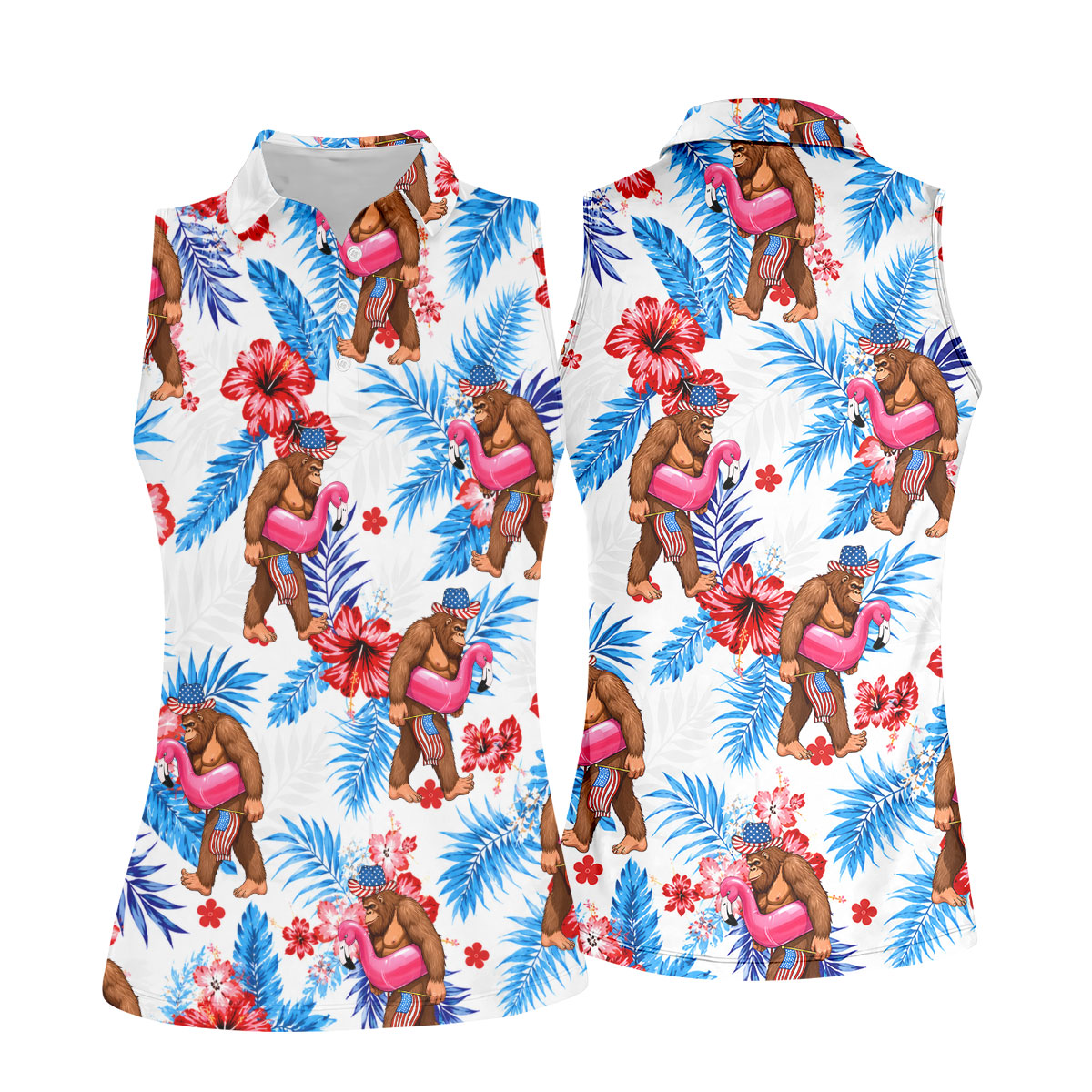 Bigfoot Flamingo Float Tropical Hawaiian Golf Shirt, Hawaiian Golf Shirt, Golf Tops For Women