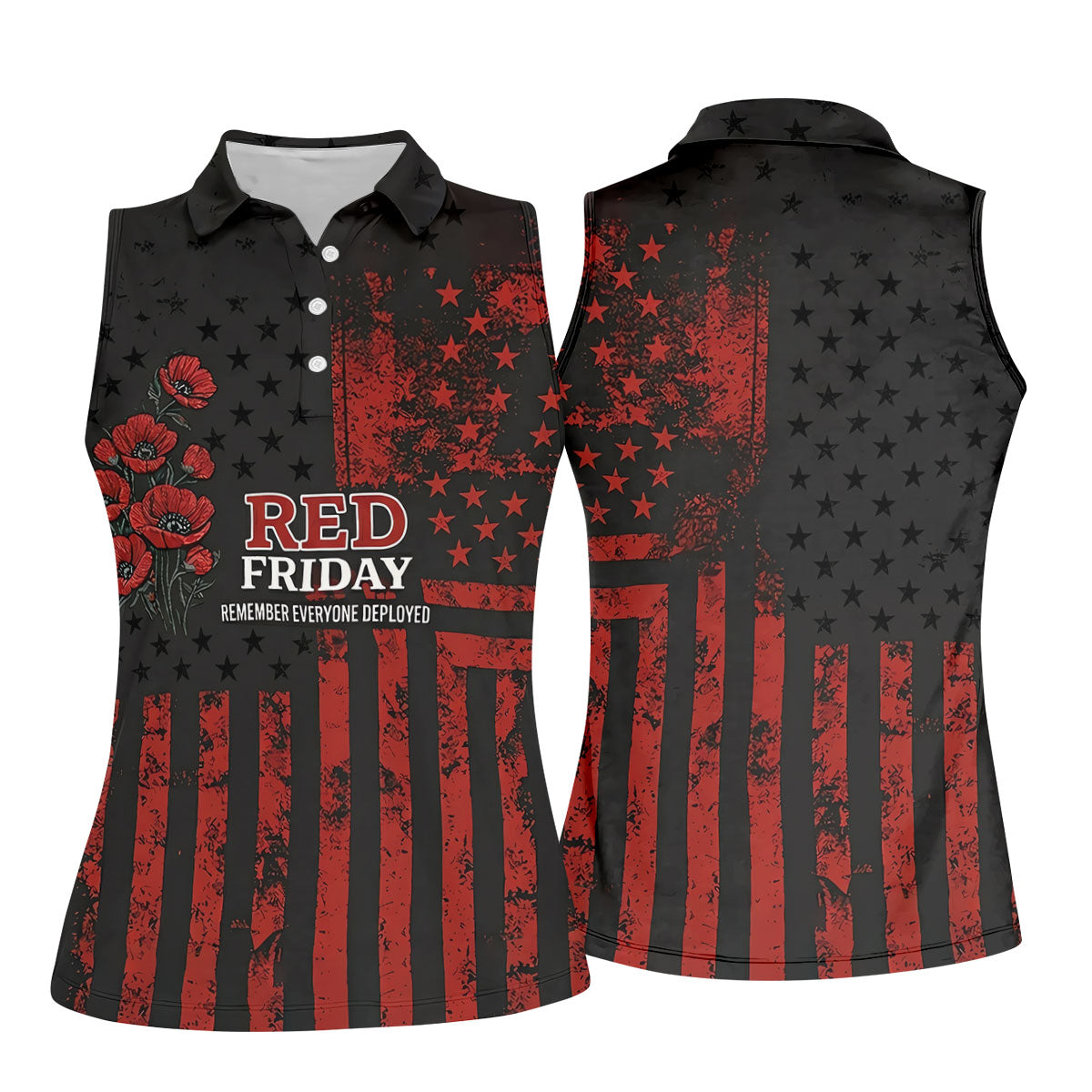 Red Friday American Flag Poppy Golf Polo Shirt, Ladies Golf Shirt, Golf Tops For Women
