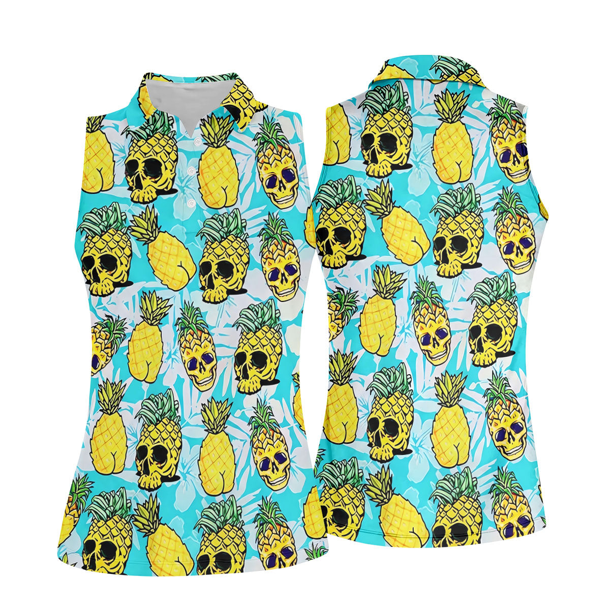 Tropical Pineapple Skull Pattern Golf Shirt, Women’s Golf Polo, Hawaiian Golf Shirt, Ladies Golf Shirts