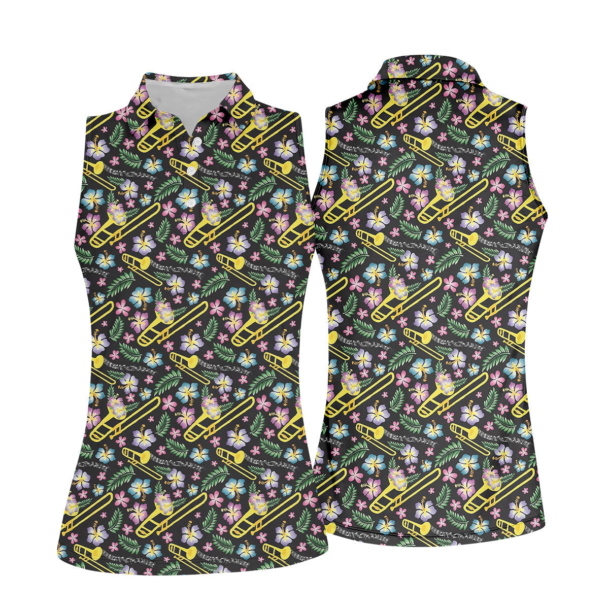 Trombones Floral Tropical Vibe Golf Shirt For Women, Ladies Golf Shirts, Women's Polo Shirt