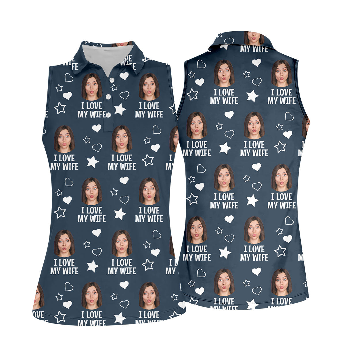 I Love My Husband Custom Face Navy Golf Shirt, Fun Women's Golf Shirts, Valentines Golf Gift, Ladies Golf Shirts