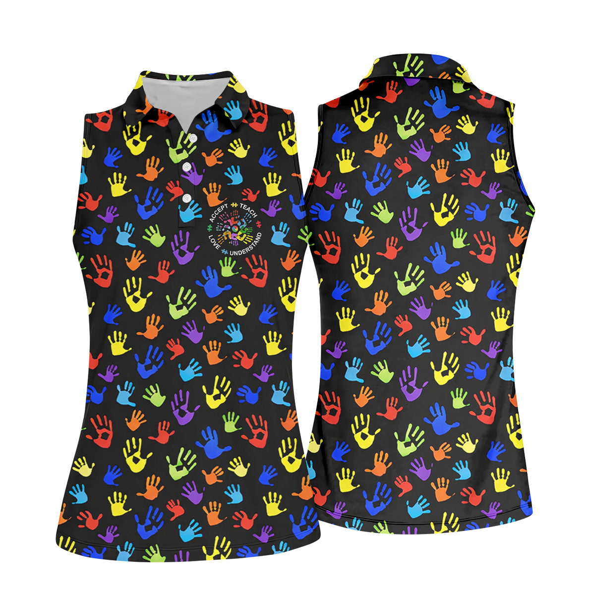 Accept Teach Understand Love Autism Awareness Colorful Handprint Black Golf Shirt, Women's Golf Tops