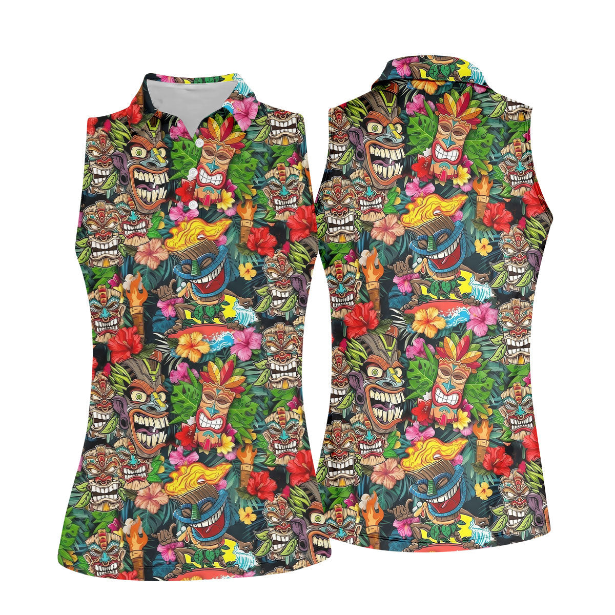 Hawaiian Tiki Tropical Floral Women's Golf Tops, Ladies Golf Shirts, Ladies Golf Polos