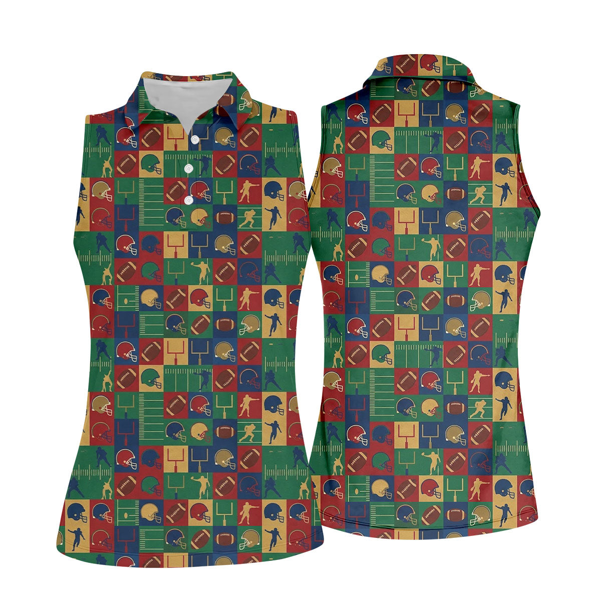 Football Pattern Square Grid Sport Polo, American Football Shirt, Game Day Football Theme Women's Green Polo Shirts