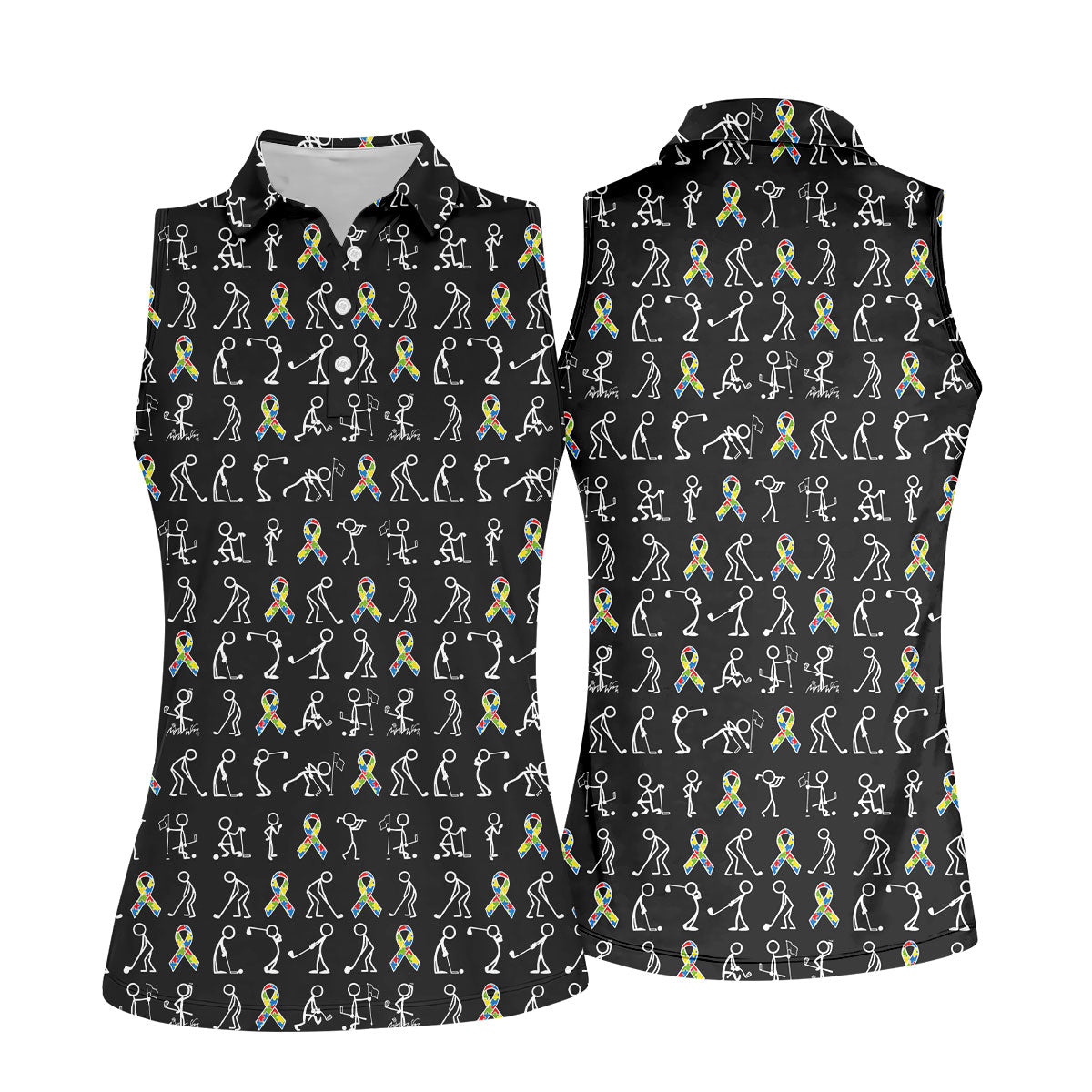 Stick Figure Golf Pose Autism Ribbon Black Golf Shirt, Autism Awareness Colors Ladies Golf Polos