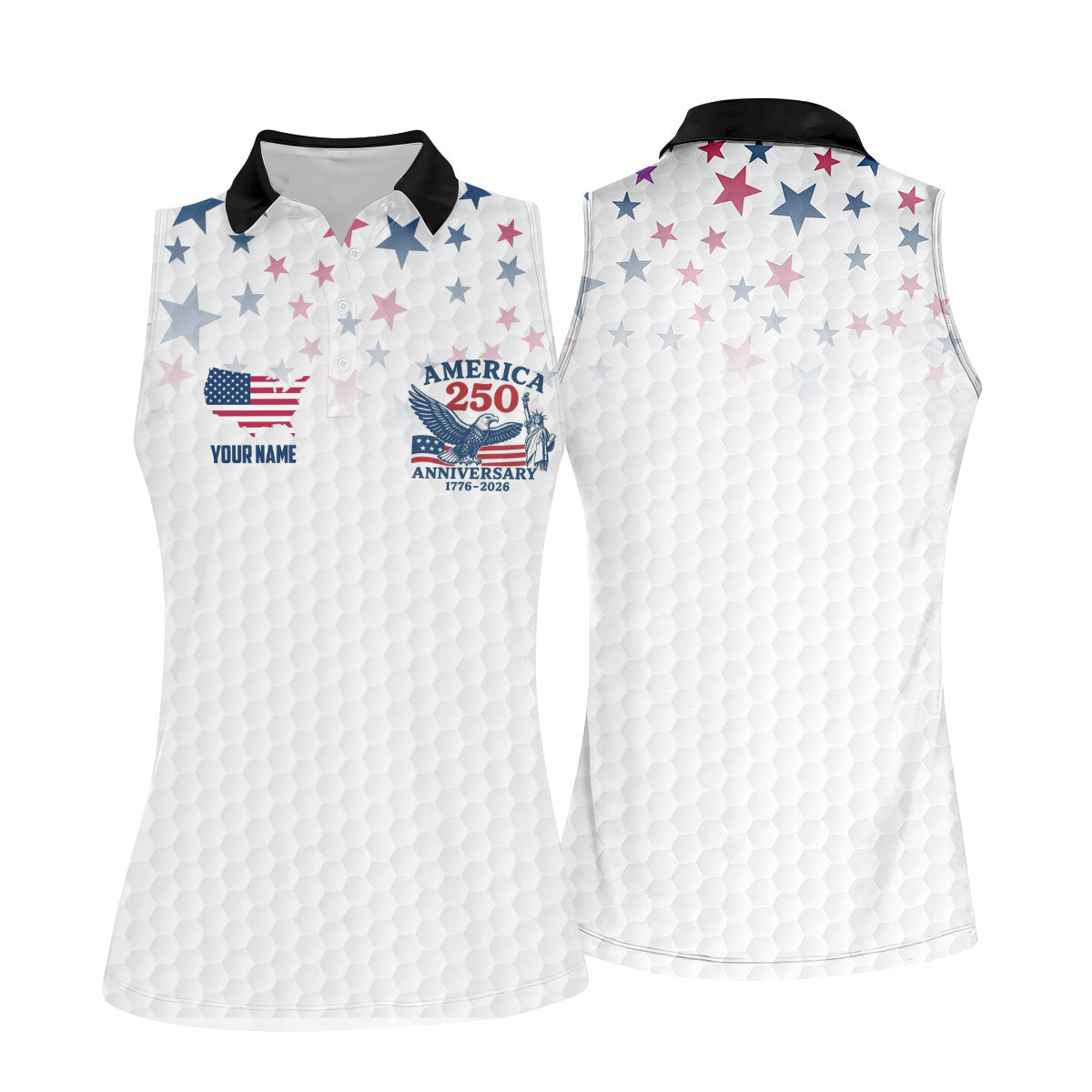 America 250th Anniversary Red White And Blue Stars White Golf Shirt, Patriotic 4th Of July Golf Shirt For Women