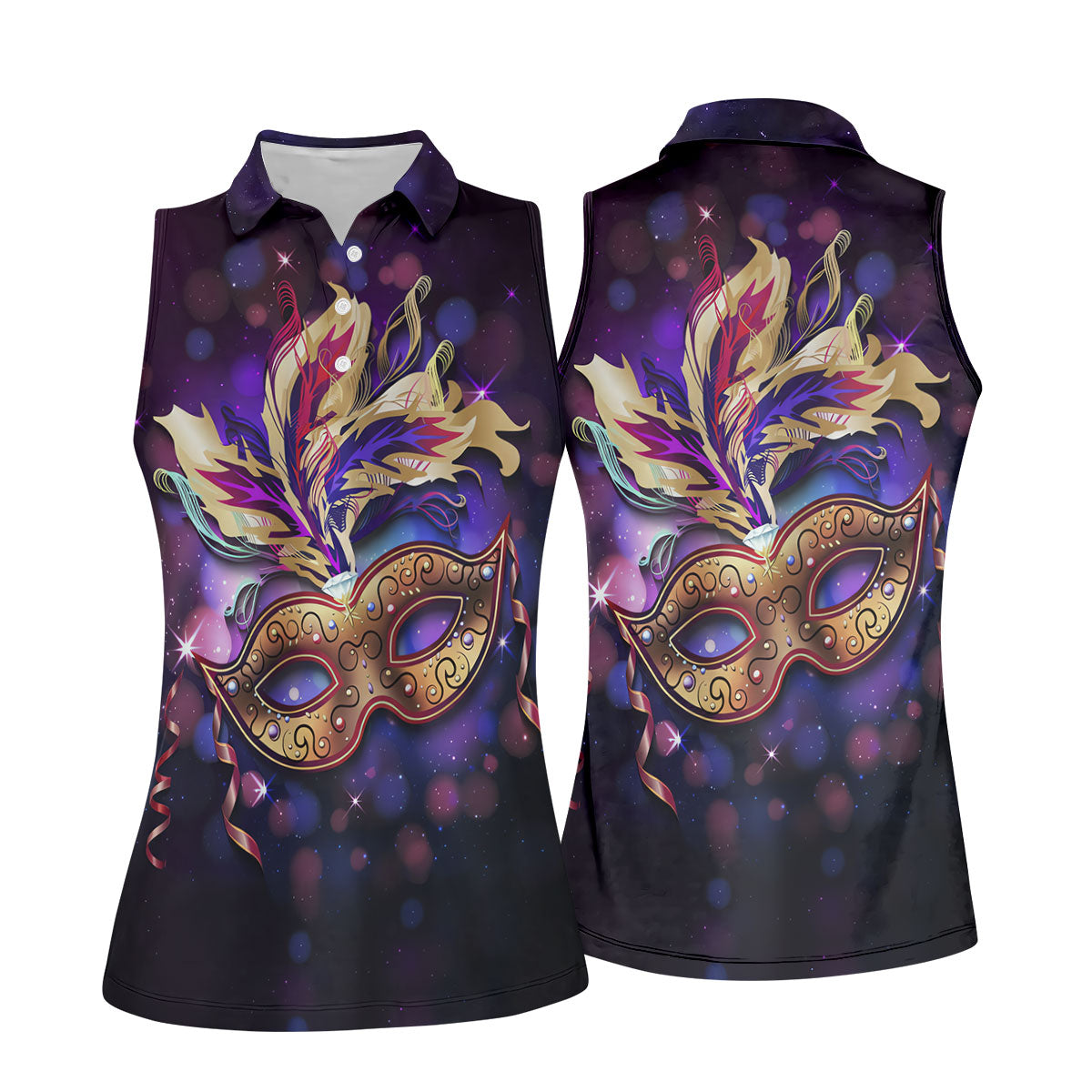 Mardi Gras Mask Feather Ribbon Purple Golf Shirt, Women's Golf Tops, Ladies Golf Shirt