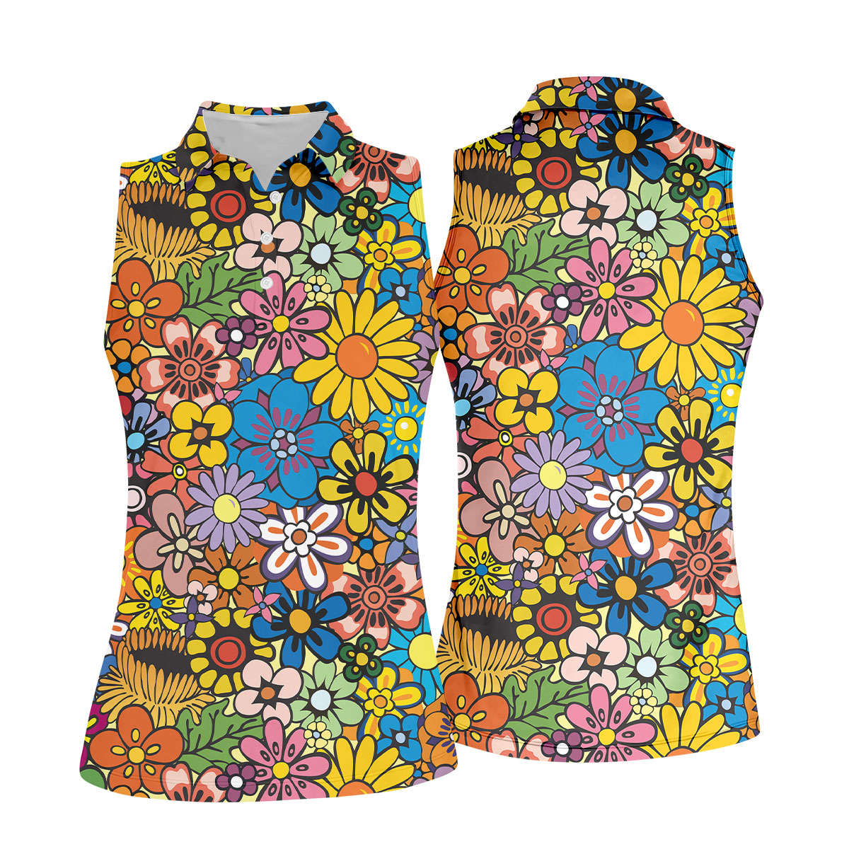 Multicolor Retro Flower Power Golf Shirt, Women’s Golf Tops, Hawaiian Golf Shirt, Golf Shirts For Women