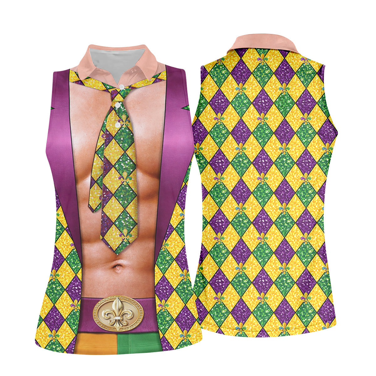Green Purple Gold Argyle Pattern Fun Suit Mardi Gras Print Golf Shirt, Fun Women's Golf Shirts, Ladies Golf Polos
