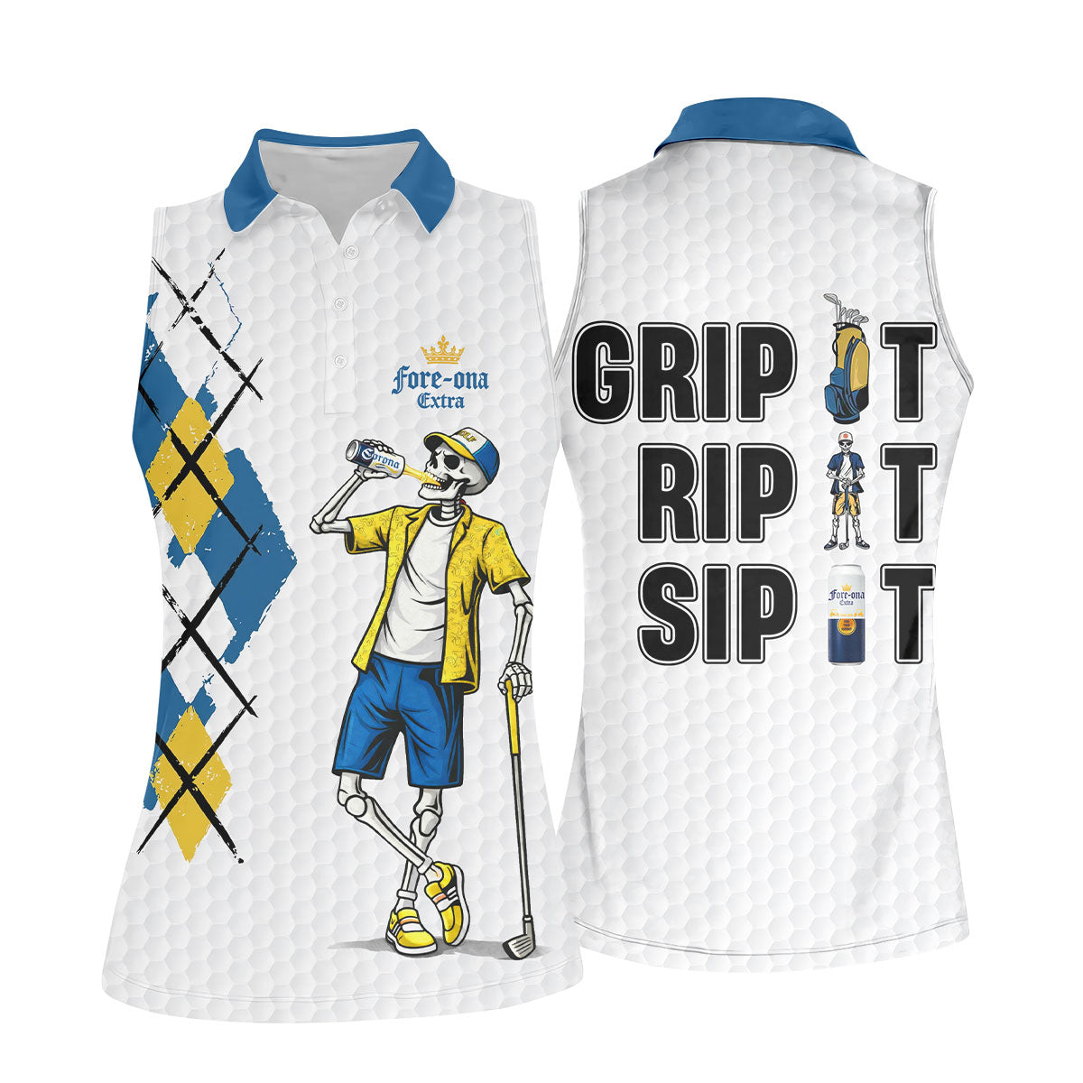 Blue Yellow Skeleton Golfer Beer Polo Shirt, Women’s Golf Apparel, Golf Shirts For Women