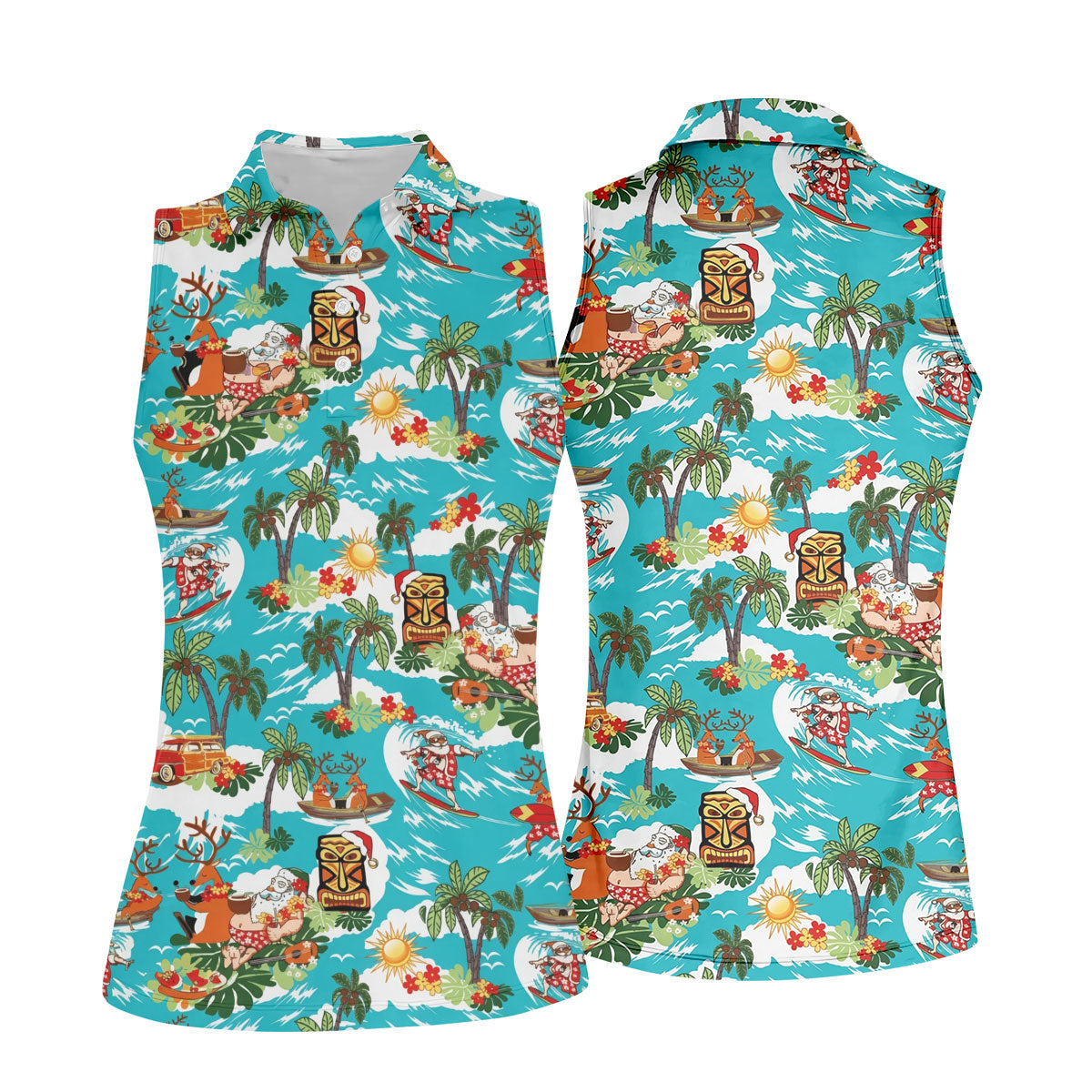 Women's Funny Surfing Santa Hawaiian Golf Shirt, Christmas Golf Shirt, Women’s Golf Polo