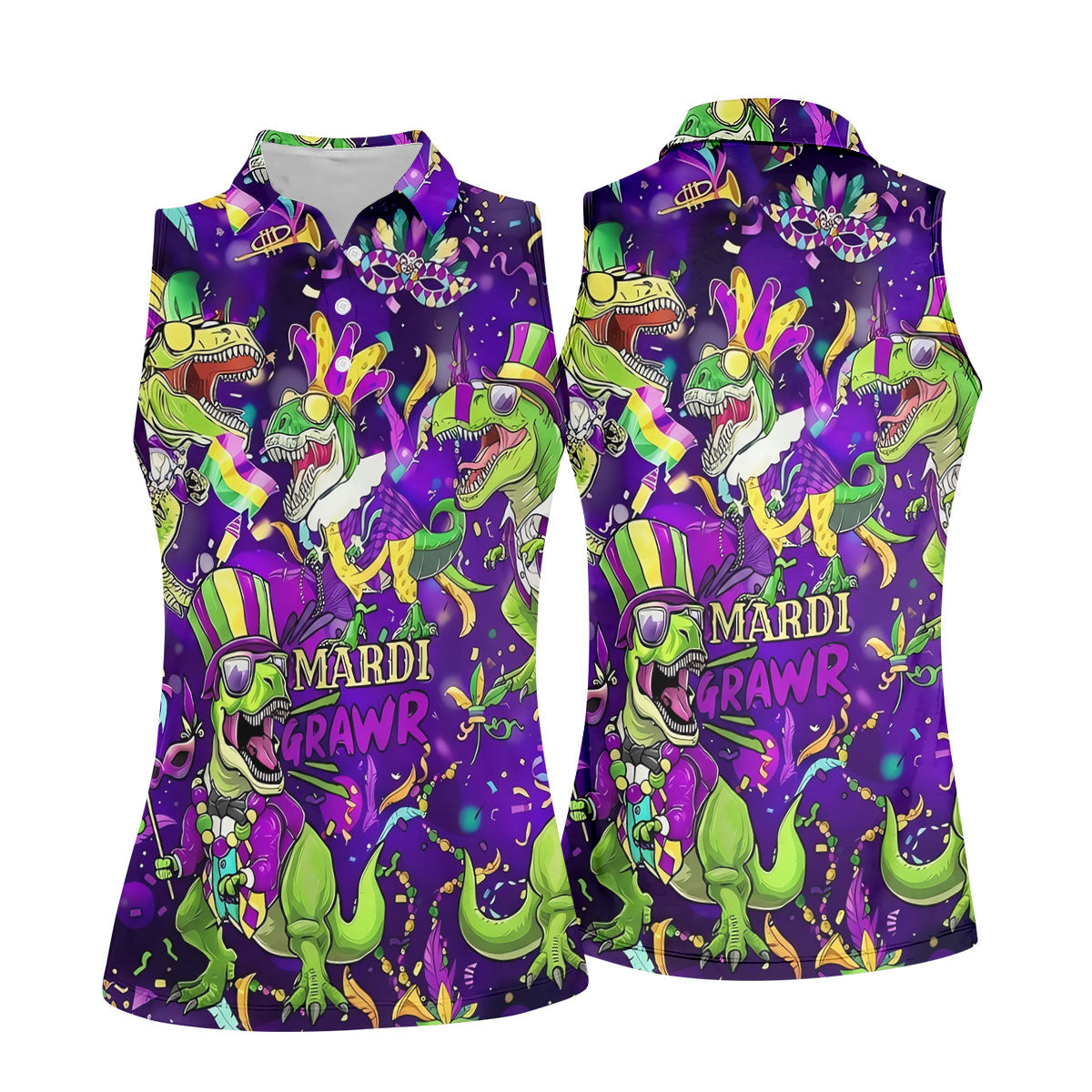Mardi Grawr Purple Green Gold Funny Dinosaur Mardi Gras Golf Shirt, Women's Golf Tops, Ladies Golf Shirt