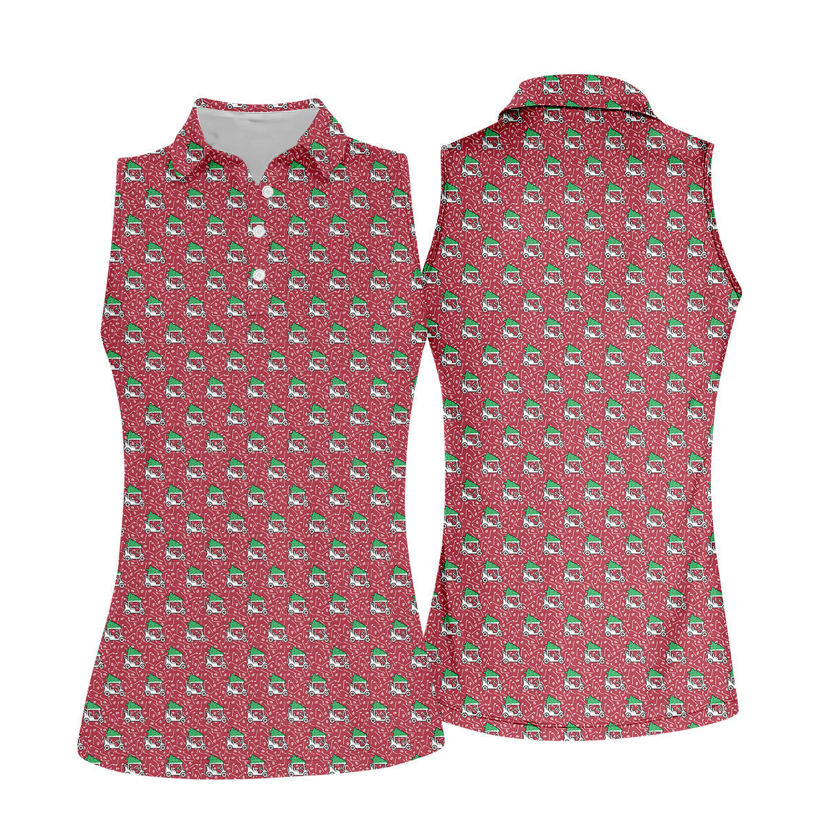 Christmas Golf Cart Pattern Red Women's Golf Tops, Christmas Golf Shirt, Polo ShirtFor Women