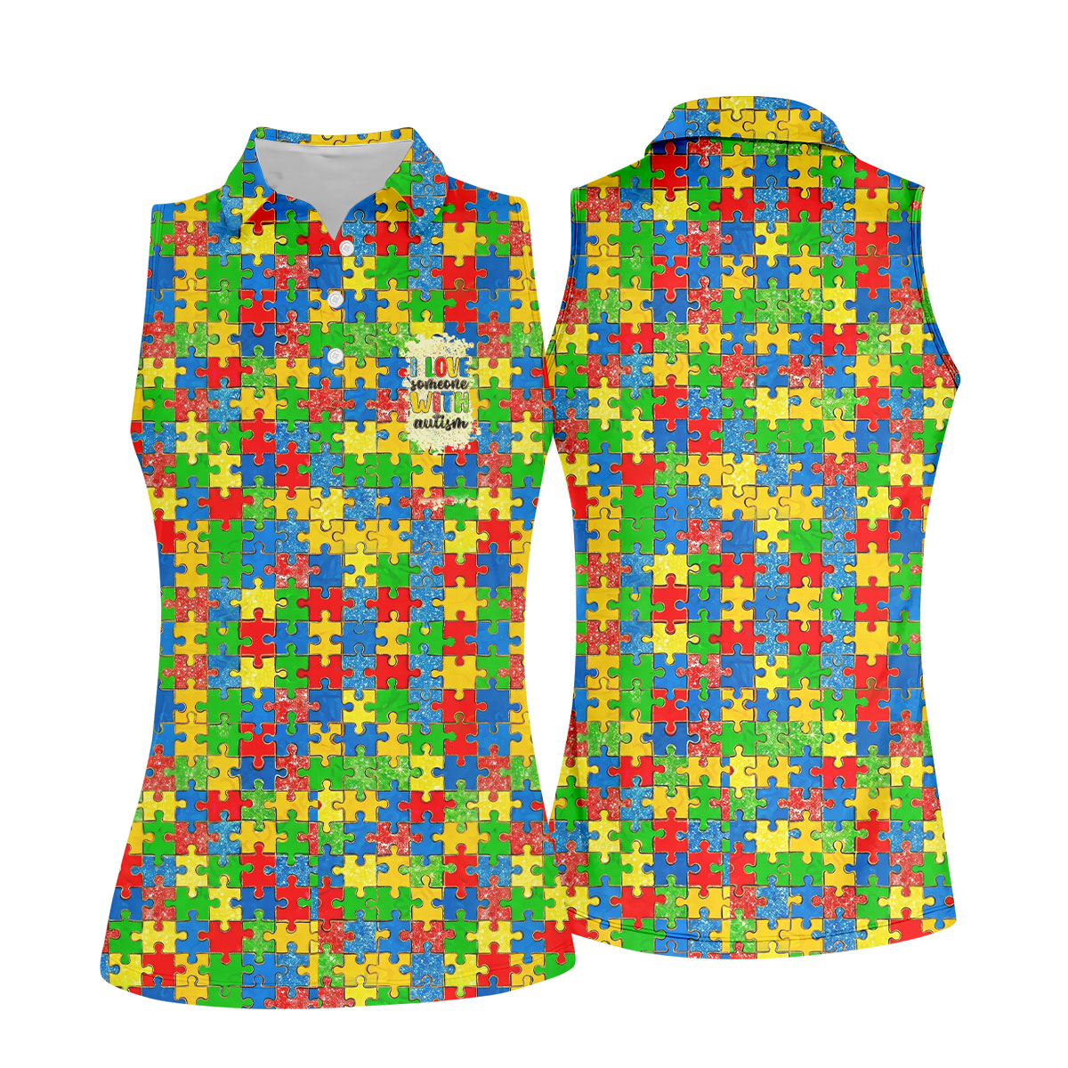 I Love Someone With Autism Colorful Puzzle Pattern Golf Shirt For Women, Autism Awareness Ladies Golf Polos