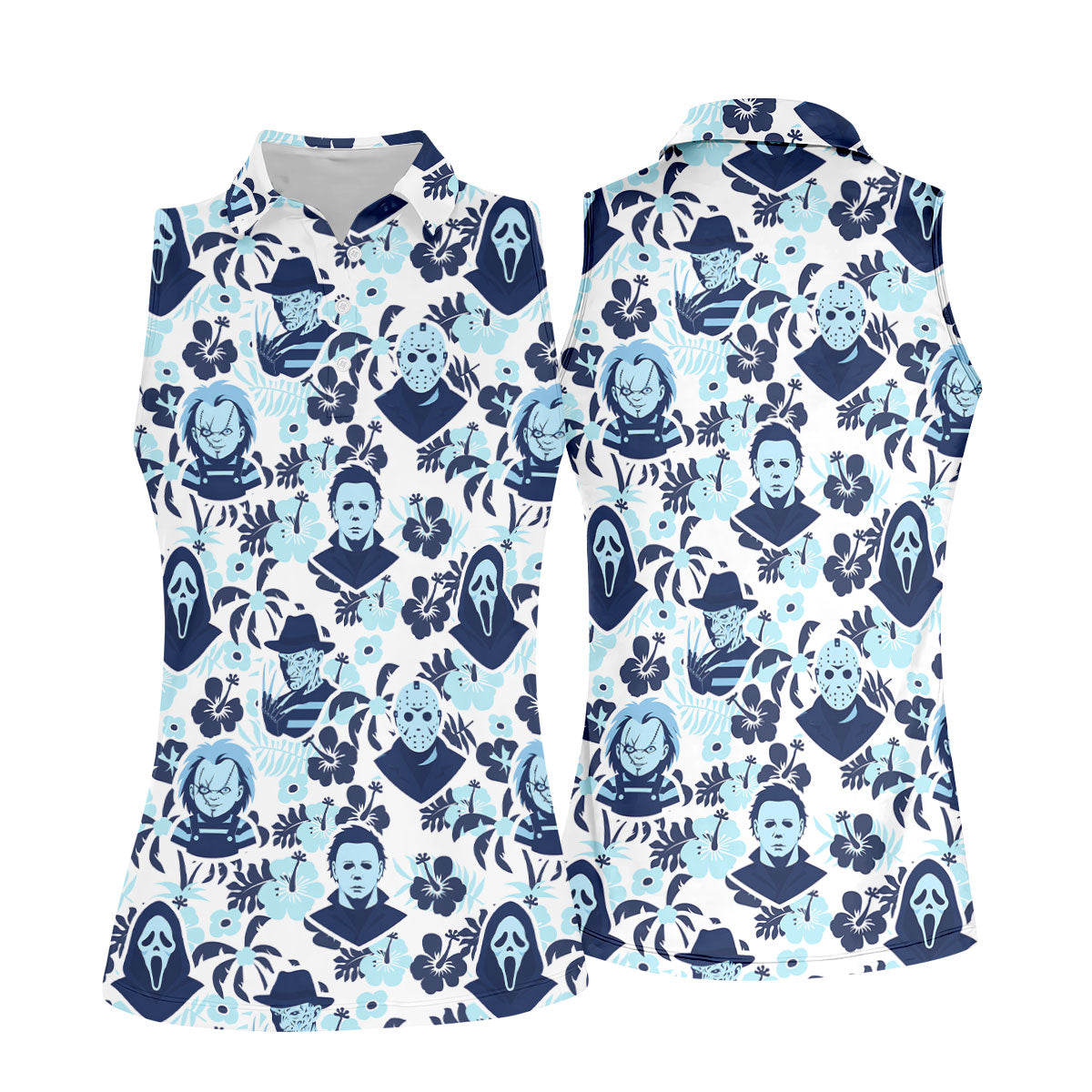Blue Tropical Horror Character Halloween Golf Shirt, Women's Golf Apparel, Printed Golf Shirt