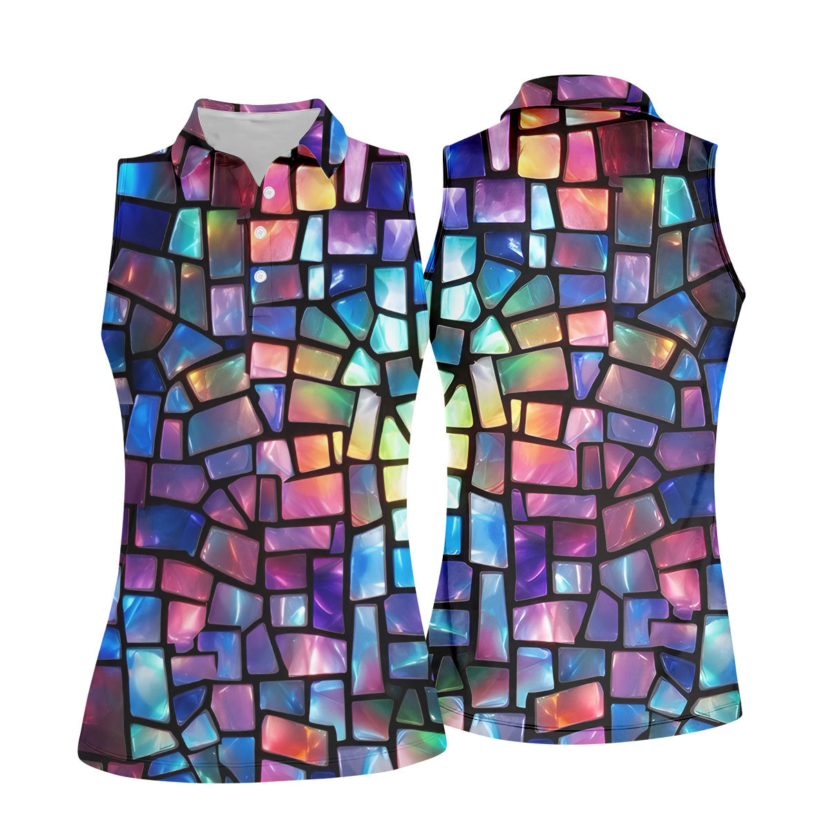 Colorful Stained Glass Mosaic Pattern Golf Shirt, Ladies Golf Shirts, Women’s Golf Apparel, Performance Golf Shirt