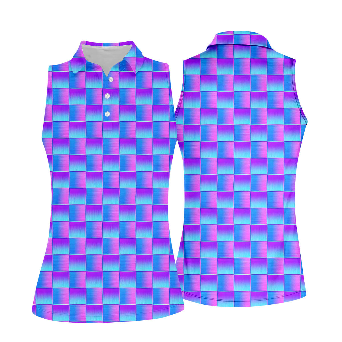 Purple Blue Gradient Checkered Pattern Golf Shirt, Ladies Golf Shirts, Women’s Golf Apparel, Printed Golf Shirt