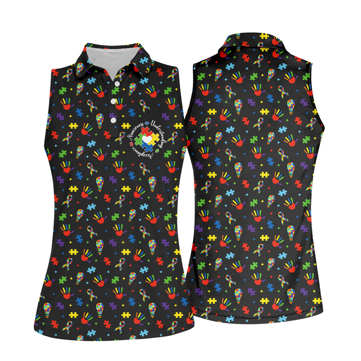 Awareness Understanding Acceptance Autism Ribbon Black Golf Shirt, Autism Awareness Colors Women's Golf Tops