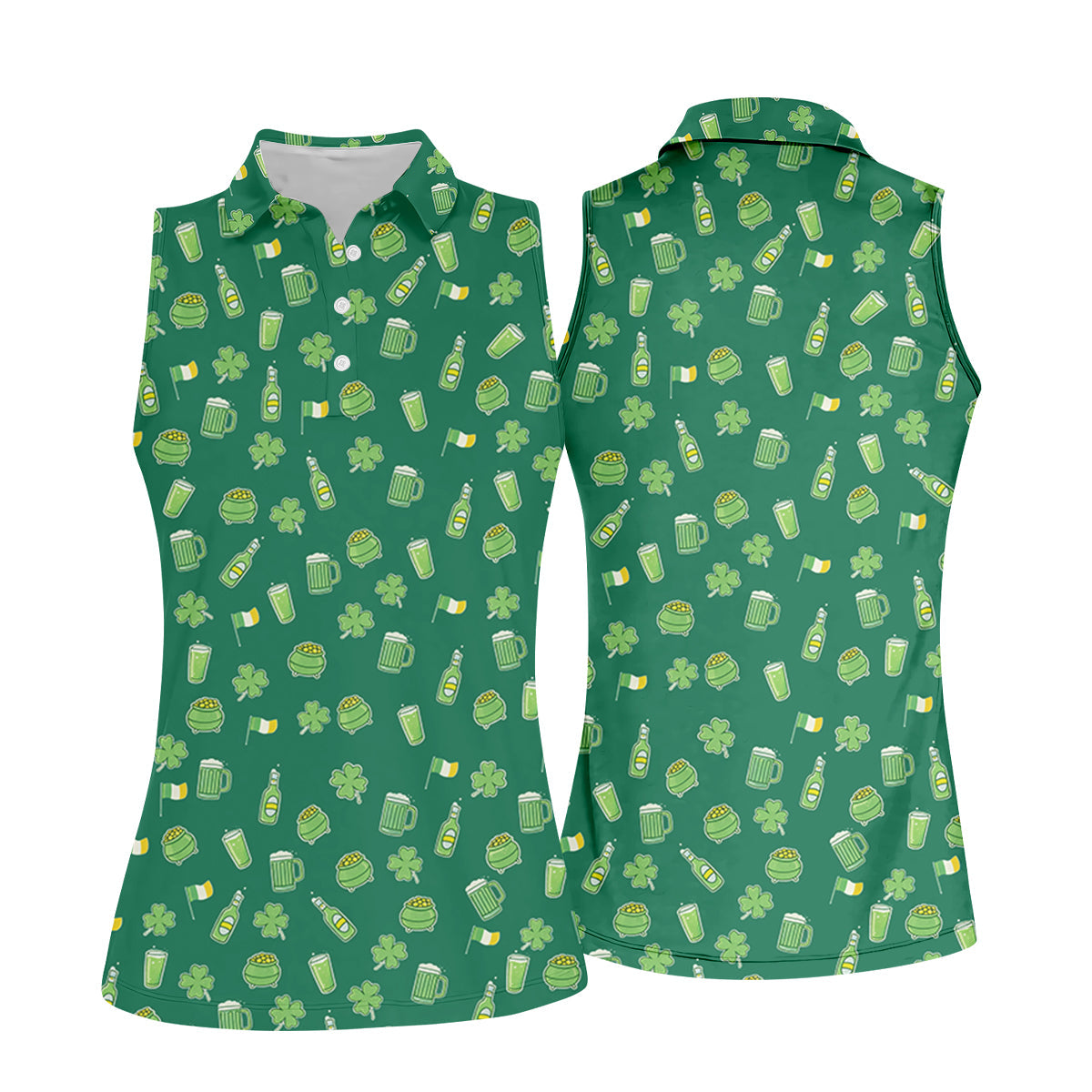St Patrick's Day Beer Four Leaf Clovers Gold Pots Green Golf Shirt, Women's Golf Tops, Ladies Golf Polos