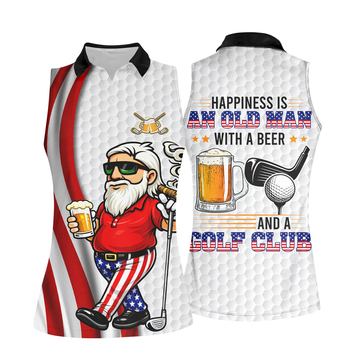 Happiness Is An Old Man With A Beer Funny 4th Of July White Golf Shirt, 250th Anniversary Women's Golf Tops