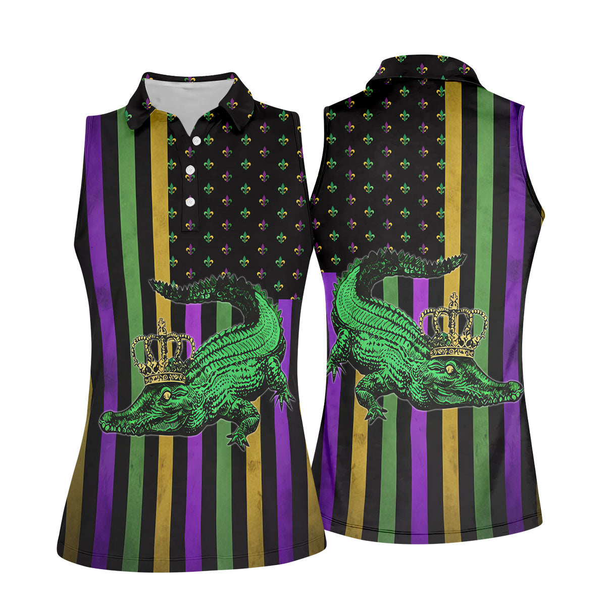 Mardi Gras Aligator Purple Green Gold Vertical Stripes Fleur De Lis Women's Golf Tops, Ladies Golf Shirt