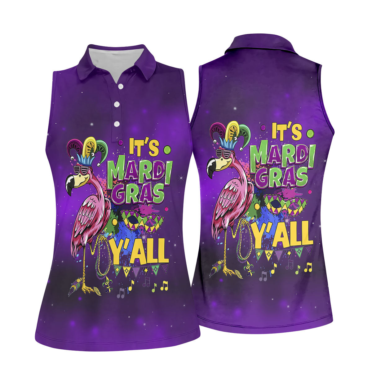 It's Mardi Gras Y'All Funny Flamingo Purple Golf Shirt, Women's Golf Tops, Ladies Golf Shirt