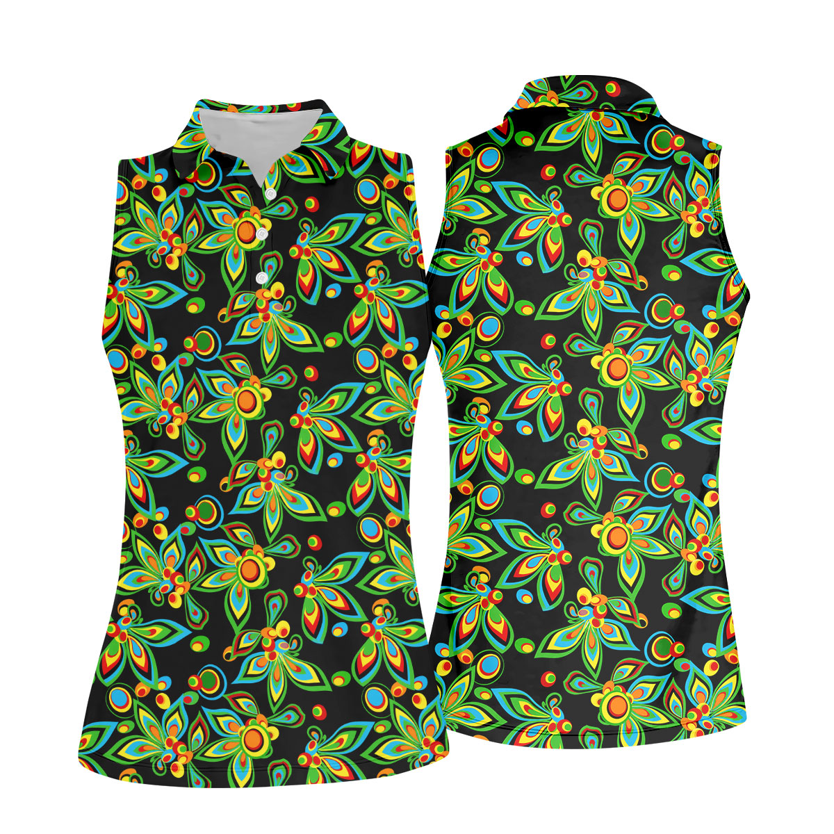 Black Colorful Floral Geometric Pattern Golf Shirt, Women's Golf Tops, Women’s Golf Apparel, Printed Golf Shirt