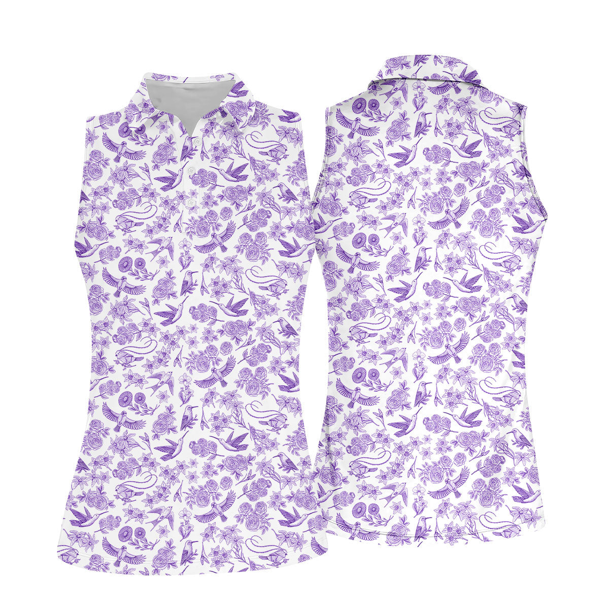 Custom Name Toile de Jouy Birds And Flowers Purple And White Women Golf Top, Ladies Golf Polos