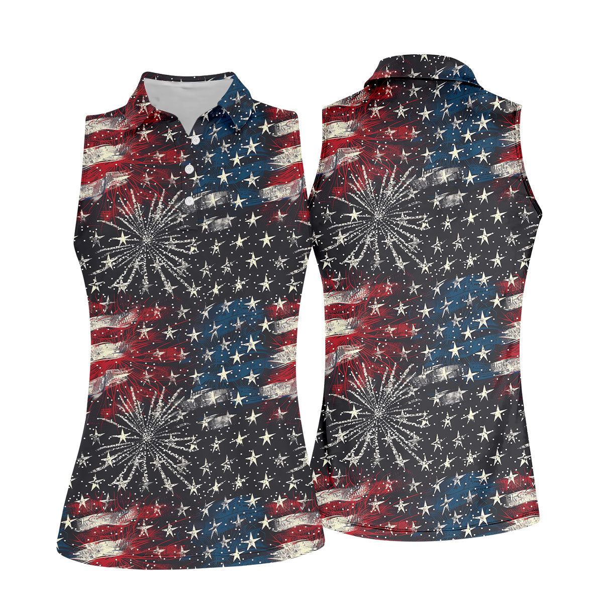 Patriotic American Flag Distressed Color 4th Of July Women Golf Top, 250th Anniversary Ladies Golf Shirts