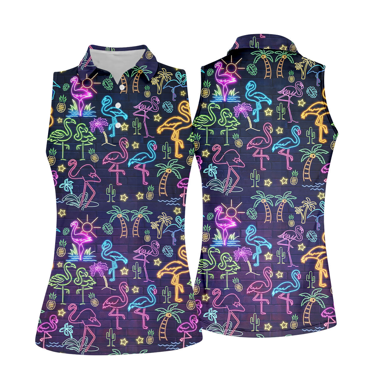 Neon Flamingo Tropical Night Golf Shirt, Women’s Golf Polo, Hawaiian Golf Shirt, Ladies Golf Tops