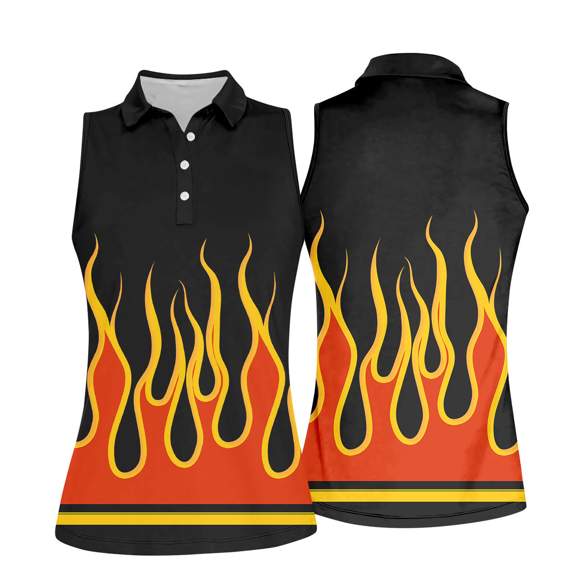 Black Orange Yellow Flame Sleeve Golf Shirt, Golf Polo For Women, Printed Golf Shirt
