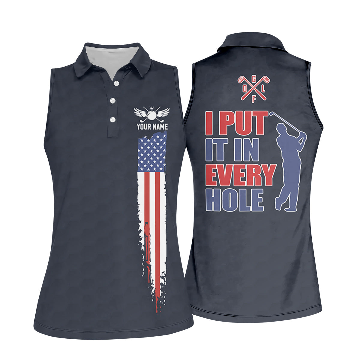 I Put It In Every Hole American Flag Patriot Red White Blue Women's Golf Shirts, 250th Anniversary Ladies Golf Shirt