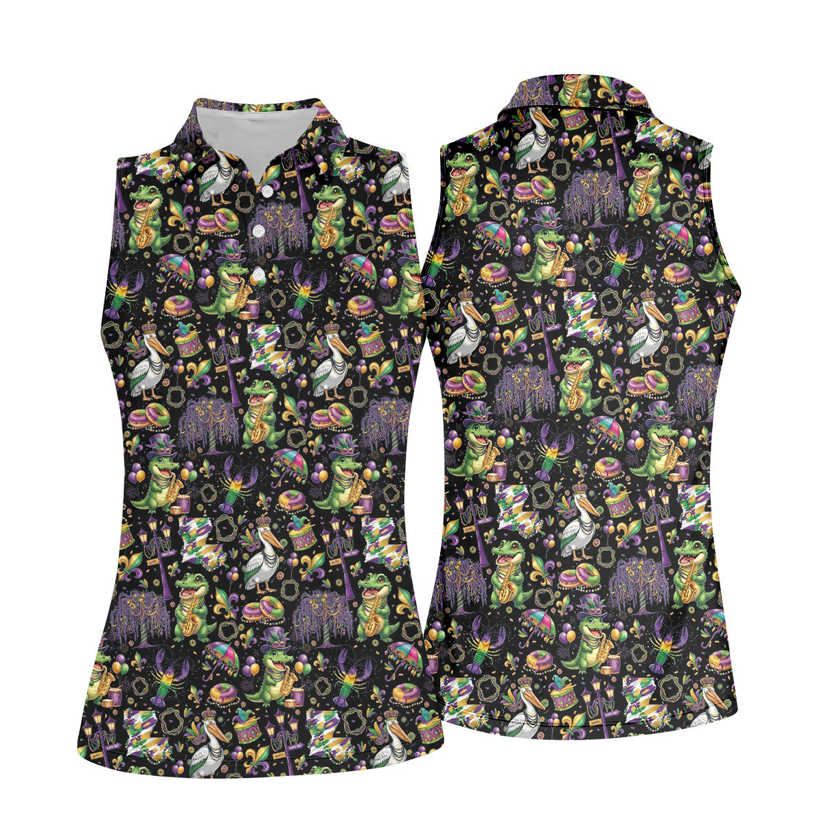 Mardi Gras Fleur De Lis Animal Band Black Golf Shirt, Women's Golf Shirts, Ladies Golf Polos
