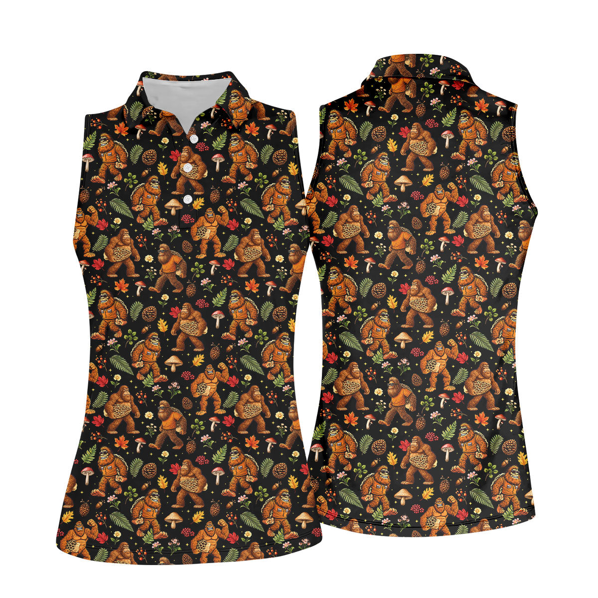 Autumn Bigfoot Forest Pattern Polo Shirt, Women’s Golf Apparel, Hawaiian Golf Shirt, Golf Tops For Women