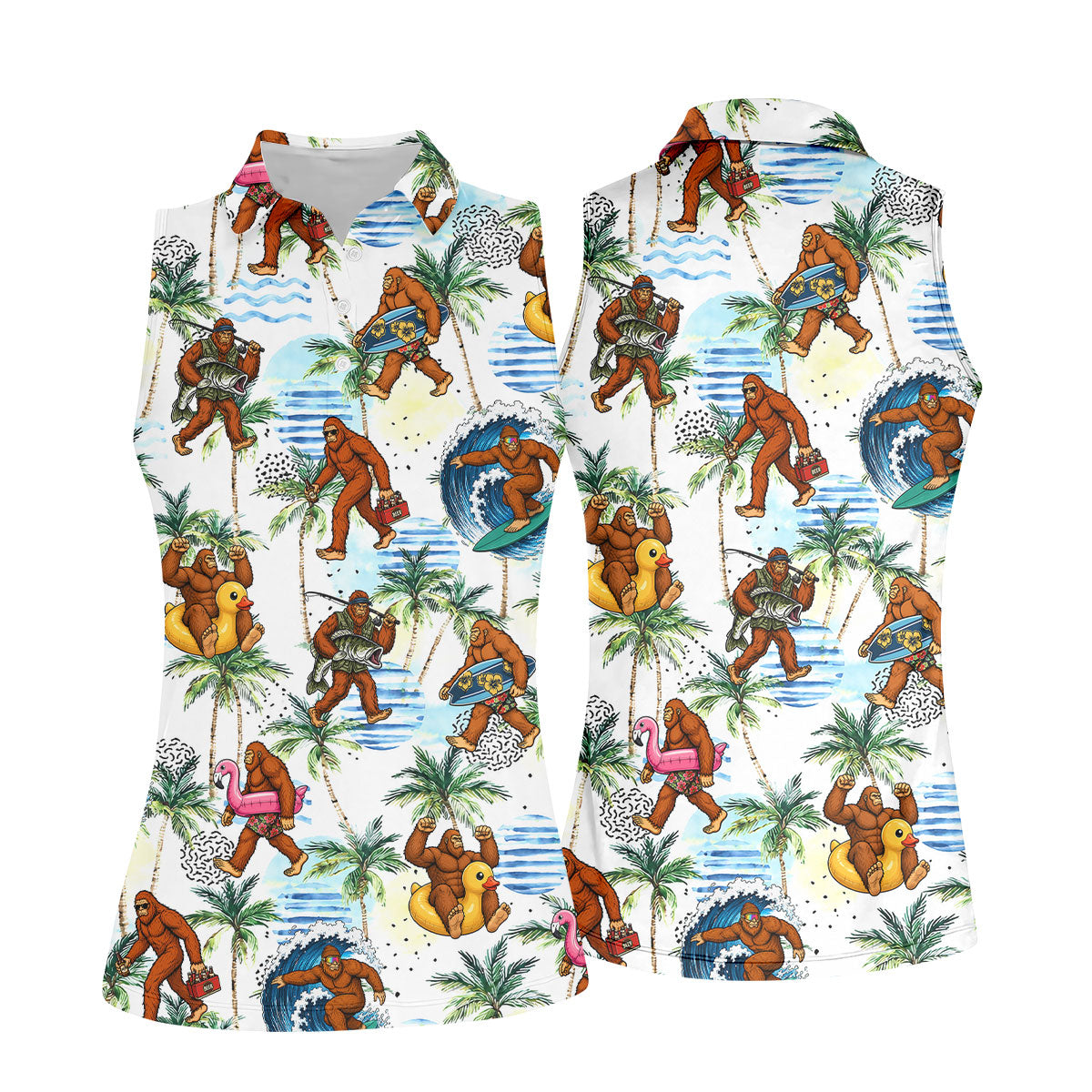 Tropical Bigfoot Surfing Fishing Beach Golf Shirt, Golf Tops For Women, Ladies Golf Shirts, Women’s Golf Apparel