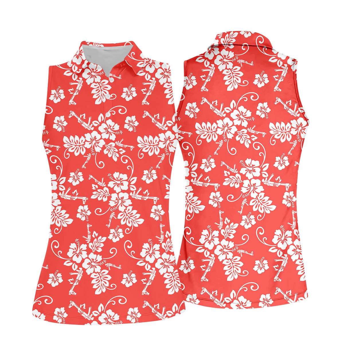 Tropical Flower Red Golf Shirt, Hawaiian Golf Shirt, Ladies Golf Tops, Golf Shirt For Women
