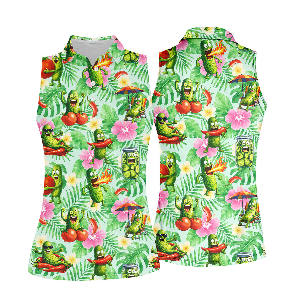 Funny Pickle Tomato Chili Tropical Hawaiian Golf Shirt, Golf Polo For Women, Printed Golf Shirt