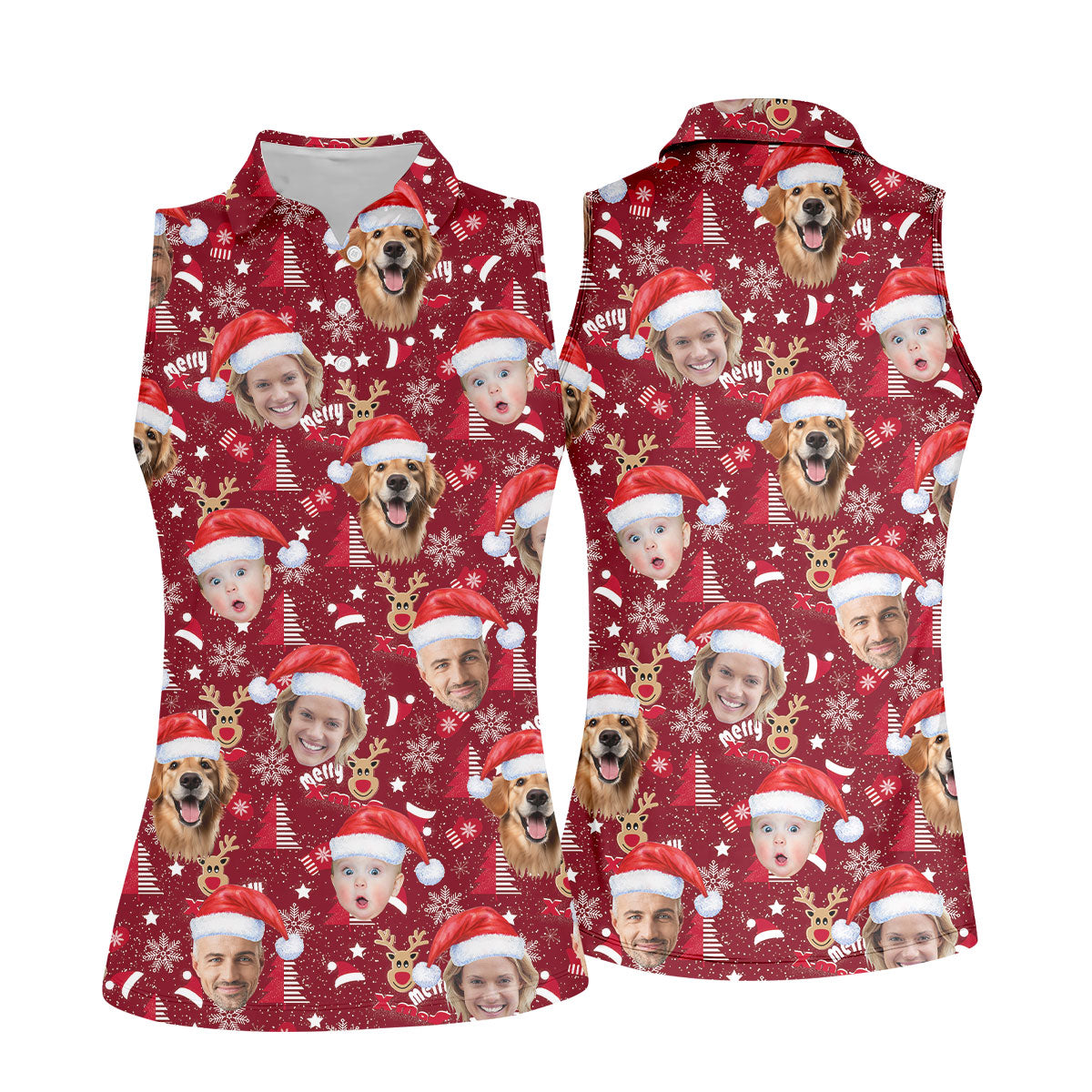 Custom Face Red Nose Reindeer Merry Xmas Red Golf Shirt, Christmas Golf Shirt, Women's Golf Tops