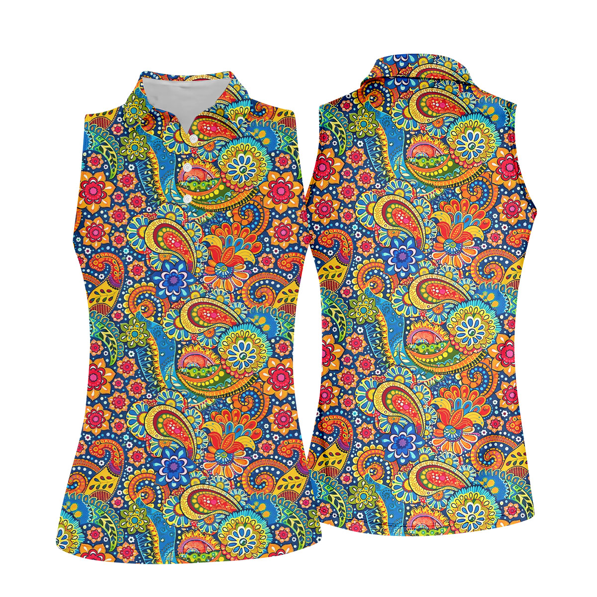 Colorful Floral Paisley Pattern Polo Shirt, Golf Tops For Women, Hawaiian Golf Shirt, Women’s Golf Apparel