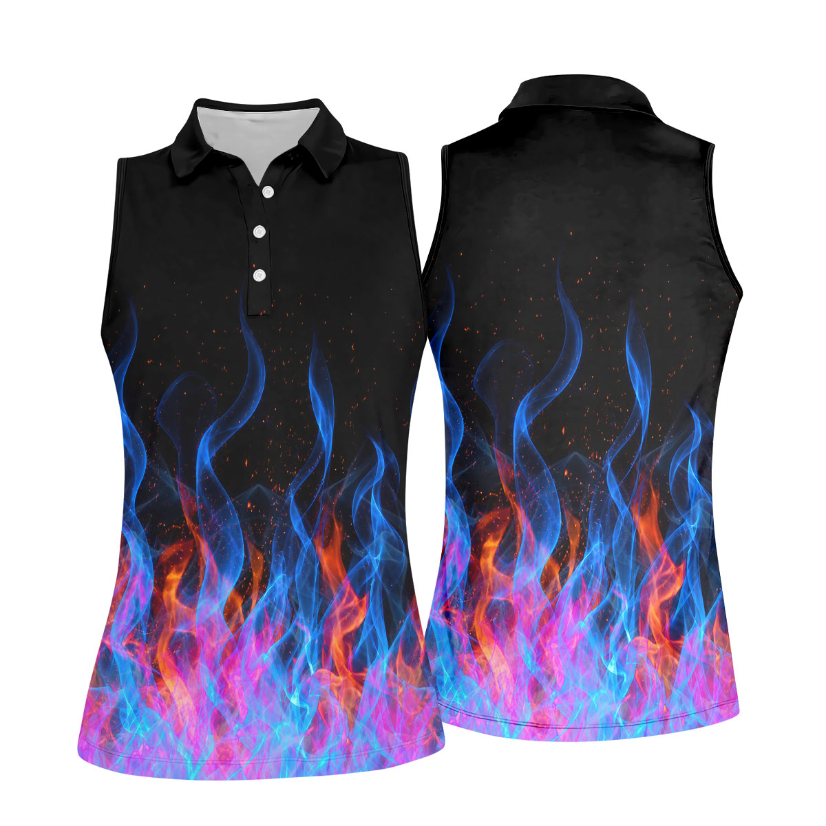 Black Blue Flame Fire Pattern Golf Shirt, Ladies Golf Shirts, Women’s Golf Apparel, Printed Golf Shirt