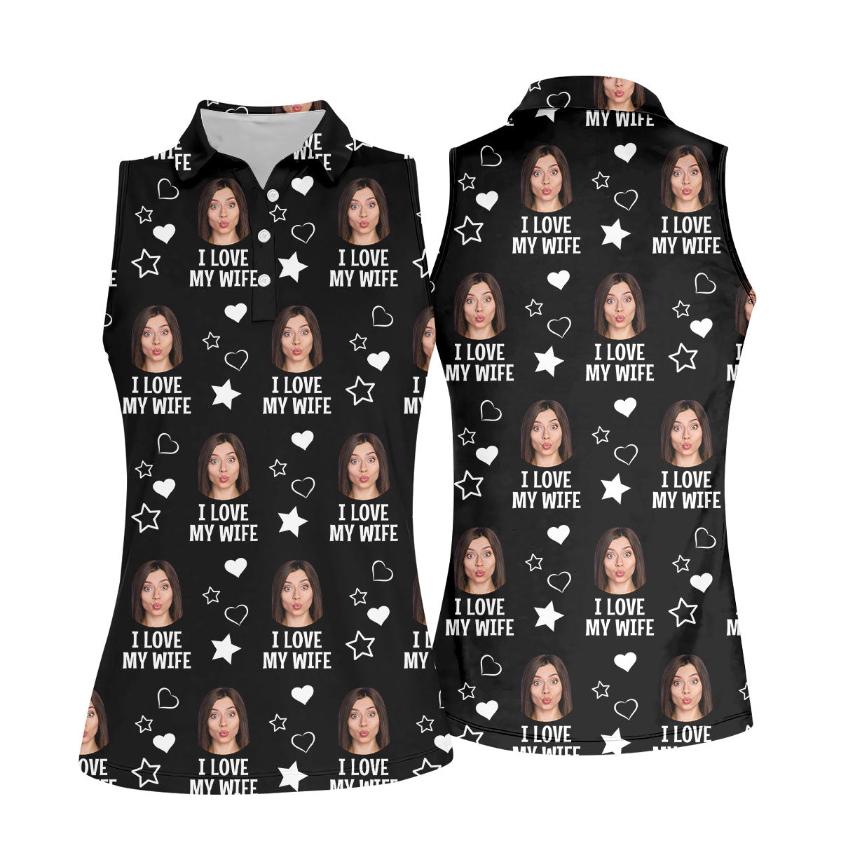 I Love My Husband Custom Face Black Golf Shirt, Fun Women's Golf Shirts, Valentines Golf Gift, Ladies Golf Shirts