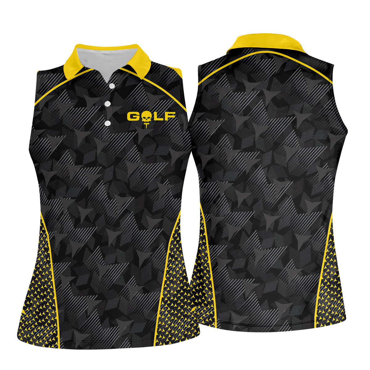 Abstract Triangle Black Yellow Ladies Golf Tops, Golf Shirt For Women, Golfing Apparel