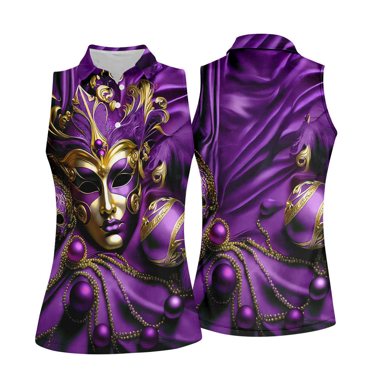 Mardi Gras Face Mask Purple Golf Shirt, Women's Golf Tops, Ladies Golf Polos, Women's Polo Shirt