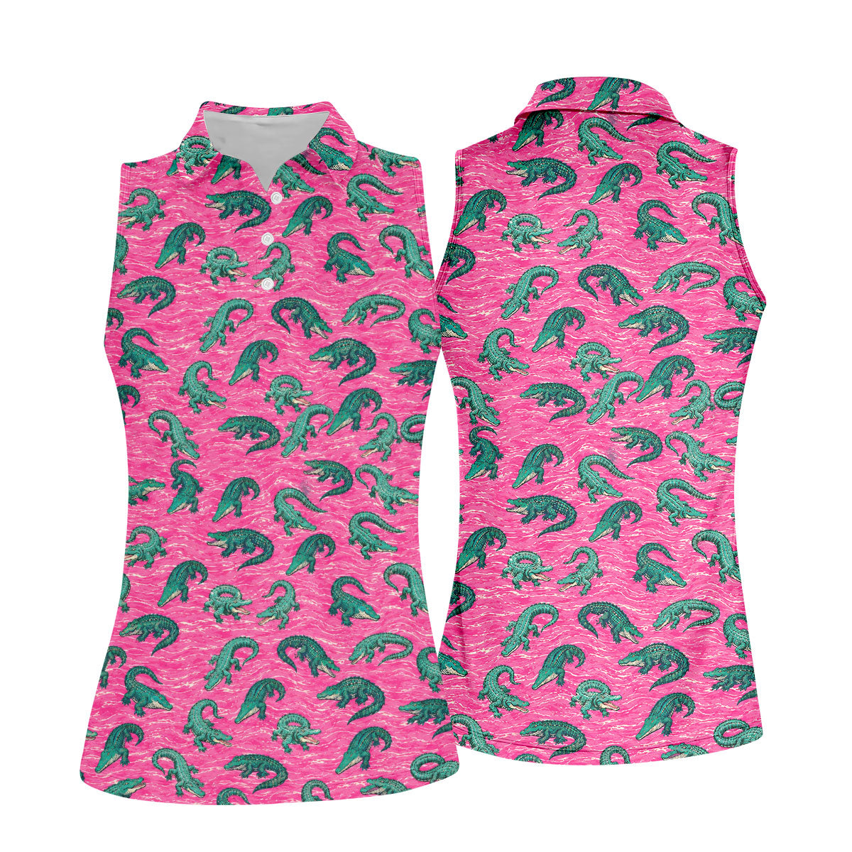 Alligator Pattern Golf Shirt, Pink Gator Print Men's Golf Polo, Polo Shirts For Women