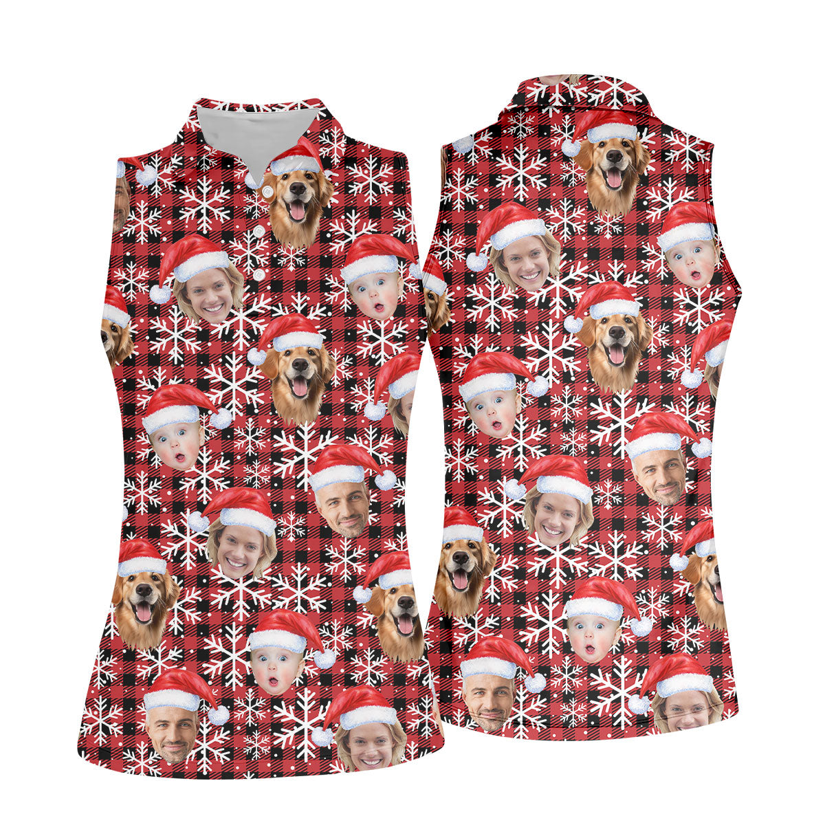 Custom Face Red And Black Checkered, Christmas Golf Shirt, Women's Golf Tops, Golf Gift For Ladies