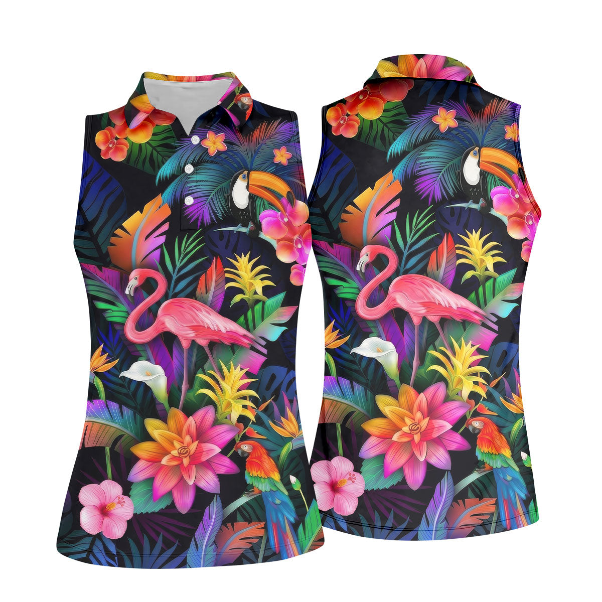Colorful Tropical Birds And Flamingo Golf Shirt, Golf Polo For Women, Printed Golf Shirt
