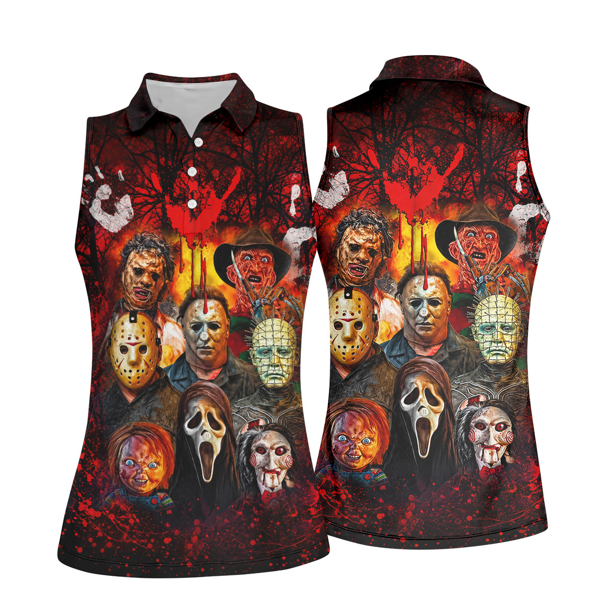 Halloween Horror Character Hawaiian Golf Shirt, Women's Golf Tops, Golf Shirts For Women