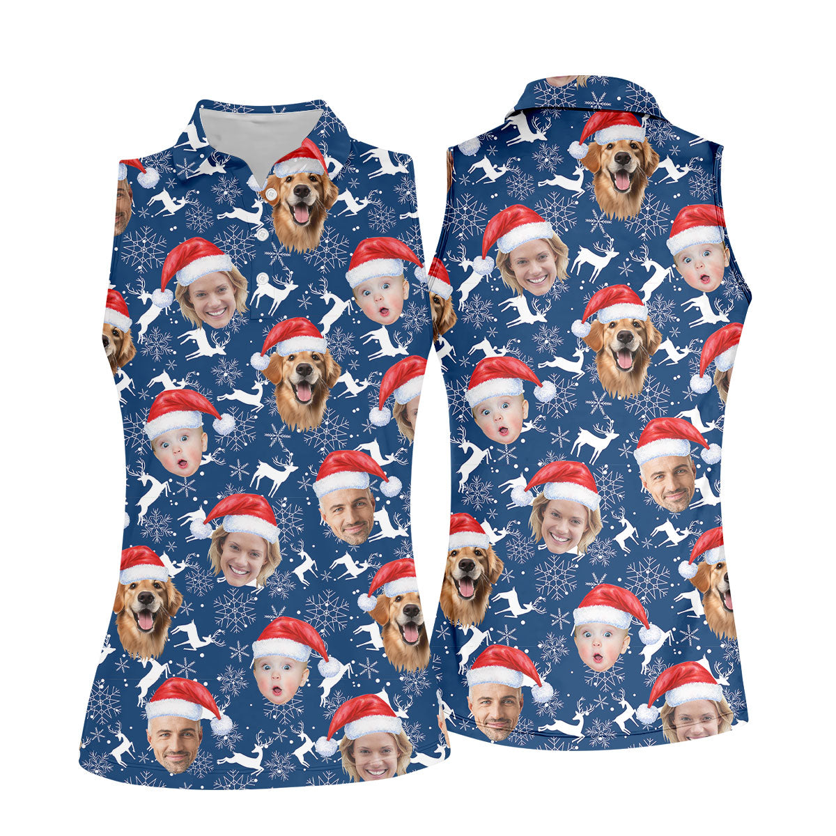 Custom Face Reindeer Pattern Navy Golf Shirt, Christmas Golf Shirt, Women's Golf Tops, Golf Gift For Ladies