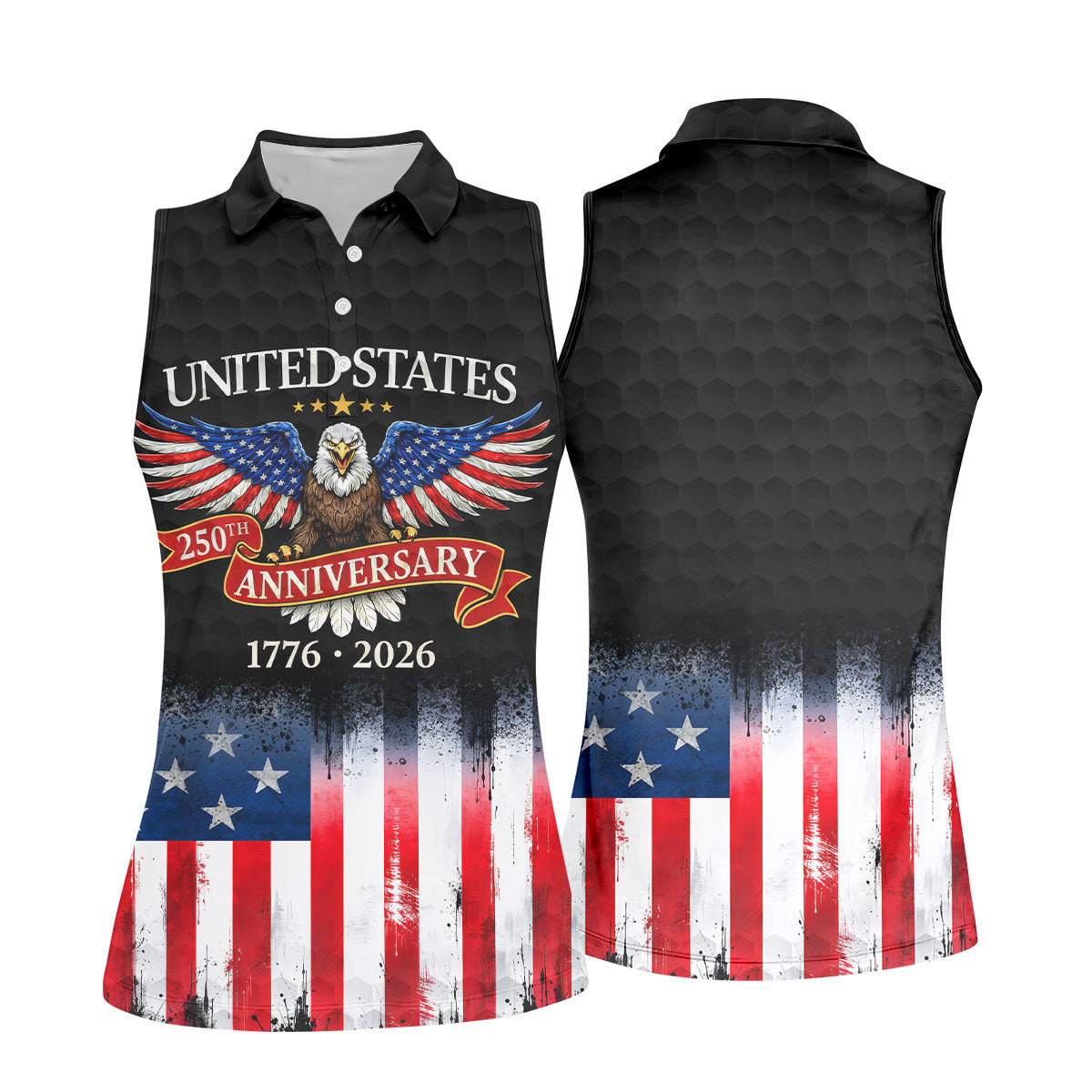 US Bald Eagle 250th Anniversary Celebration Ribbon Black Golf Shirt, Patriotic 4th Of July Golf Shirt For Women
