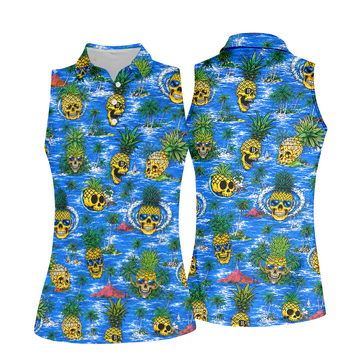 Pineapple Skull Golf Shirt, Tropical Island Volcano Pattern, Golf Shirt For Women